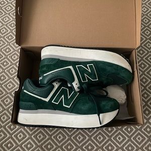 new balance green and white 574 sneakers